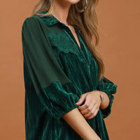 Hunter green velvet blouse with lace yoke, V neckline, and sheer sleeves