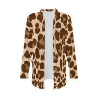 Brown Leopard Print Open-Front Cardigan with Pockets