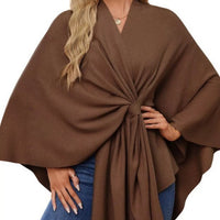 Women’s drape shawl cape in dark brown with front tie knot and wide sleeves