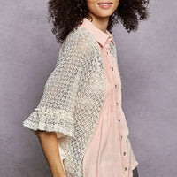 Women’s baby pink button-front pleated shirt with lace crochet patch detail