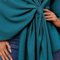 Teal cape shawl with gathered front tie and pleated drape detail