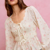 White floral clip-dot lace-trim ruched bodice blouse, long puff sleeves