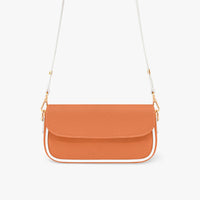Orange crossbody shoulder bag with rounded flap and white strap with gold chain links