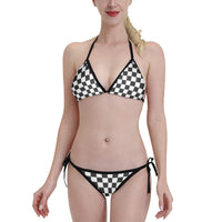 Triangle Bikini Set Black and White Checkerboard Print Adjustable Swimwear