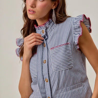 Ruffled sleeveless vest top in blue-and-white stripe with red trim and front pockets, button front