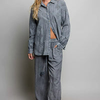 Charcoal embroidered drawstring wide-leg pants with side pockets and flowy drape