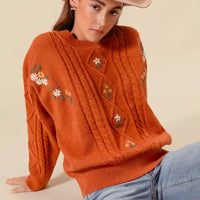 Brick cable-knit sweater with embroidered flowers, crew neck, long sleeves