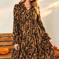 Caramel and black printed long-sleeve ruffle-hem dress with V-neck