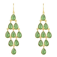 Gold peridot gemstone cascade drop earrings with teardrop green stones, dangle design