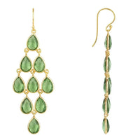 Gold peridot drop earrings with teardrop green stones shown from front and side