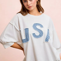 Ivory french terry sweatshirt with blue "USA" letter applique on the front, relaxed fit