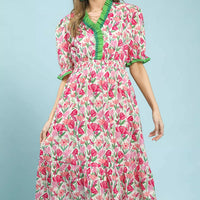 Floral ruffle-trim tiered midi dress in pink mix with green V-neck trim