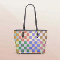 Checkered Tote Bag | Multicolor Patchwork Twill Faux Leather Purse