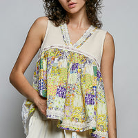 Vanilla cream sheer V-neck tank with floral print and lace trim