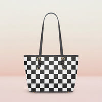 Checkered Tote Bag | Large Black and White Twill Faux Leather Purse