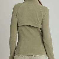 Olive soft fleece full-zip jacket, back view with stand collar
