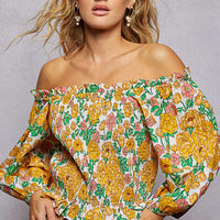 Honey floral off-shoulder smocked blouse with long puff sleeves