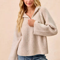 Taupe and cream textured rib knit zip-collar top, long sleeves