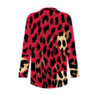 Red Leopard Print Open-Front Cardigan with Pockets