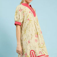 Floral puff-sleeve dress with pink V-neck and contrast hem trim, butter-yellow
