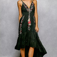 Black cami midi dress with embroidered motifs and tassel tie, smocked waist tiers