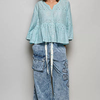 Aqua cotton eyelet peplum button-front shirt with V-neck, relaxed fit