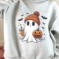 Reversible light gray mock neck tunic sweatshirt with ghost wearing orange jack-o-lantern hat
