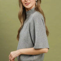 Grey mock-neck knit sweater top, short sleeves