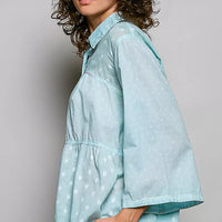 Aqua polka-dot button-front shirt with gathered waist and long bell sleeves