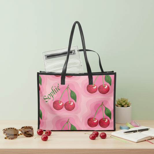 Clear Stadium Bag, Personalized Transparent Tote with Inner Pouch, Green Pink Cherry Print