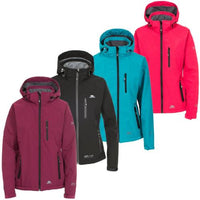 Women's softshell jacket shown in black, teal, pink, and burgundy, with hood and three zip pockets