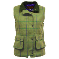 Women's olive plaid tweed gilet with purple lining, button front and flap pockets