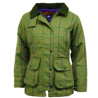 Women's green plaid tweed jacket with button front, flap pockets, and purple quilted lining