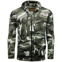 Men's gray, black, and white camouflage zip hoodie with drawstring hood and front pockets
