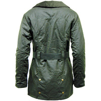 Back view of olive belted waxed jacket with light padding and brass-tone buttons
