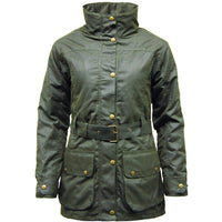 Front of olive belted waxed jacket with light padding, raised collar and flap pockets