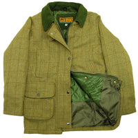 Olive tweed jacket opened to show its green quilted lining and snap-fastened front.