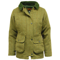 Olive tweed waterproof jacket with dark green collar, front buttons and four flap pockets.