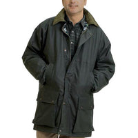 Game Classic olive padded wax jacket worn, with a corduroy collar and flap pockets