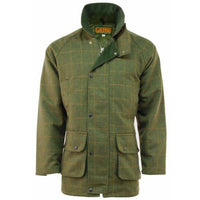 Men's dark olive tweed jacket with check pattern, angled front fastening and two flap pockets