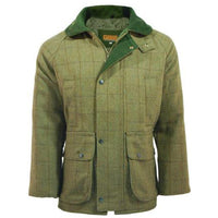 Men's olive check tweed jacket with dark green collar, front zip and two flap pockets