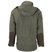 Back of the olive green jacket, showing its hood, brown shoulder panels, and elbow patches.