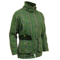 Women's green plaid tweed jacket with pink accent stripes, high collar, and flap pockets