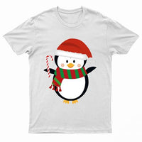 White adult T-shirt with a Santa penguin wearing a striped scarf and holding a candy cane