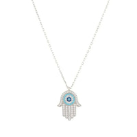 Silver chain necklace with Hamsa hand evil eye pendant, turquoise center