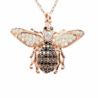 Rose gold honey bee pendant necklace with sparkling wings and black bead body