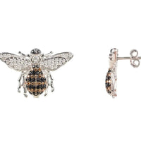 Silver honey bee stud earring pair, side view of crystal bee with post back
