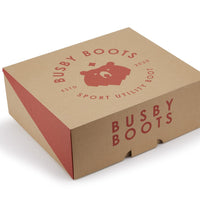 Busby Boots cardboard shoe box with red branding