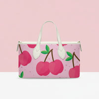 Cherry Handbag | Small Handheld Tote with Pink Cherries & Pink Background