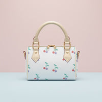 Cherry Handbag | Chic Crossbody Bag with Red & Lilac Cherries on Cream